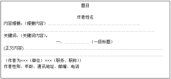 文本框: 题目
作者姓名
内容提要：（提要内容）…………………………………………………………
………………………………………………………………………………………………
关键词：（关键词内容）。
一、………………（一级标题）
(正文内容) ………………………………………………………………………………………
……………………………………………………………………………………………………
（作者为×××（单位）×××（职务、职称））
作者性别、年龄、通讯地址、邮编、电话



